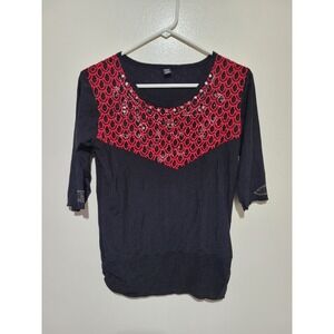 GTO‎ Crochet Rhinestone Top Womens M Black Red 3/4 Sleeve Embellished